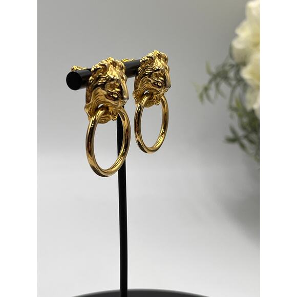 Vintage Lion Head Door Knocker Gold Tone Pierced Dangle Animal Earrings - Picture 2 of 8